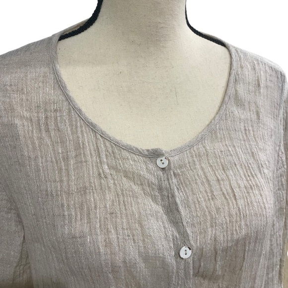 Pure Jill J. Jill 100% Linen Khaki Top Size Large Roll Sleeves - Picture 3 of 11